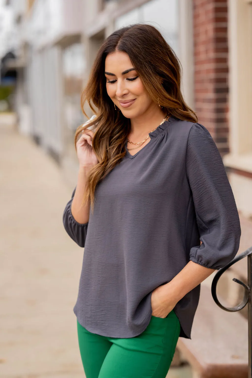 3/4 Sleeve Cinched V-Neck Blouse