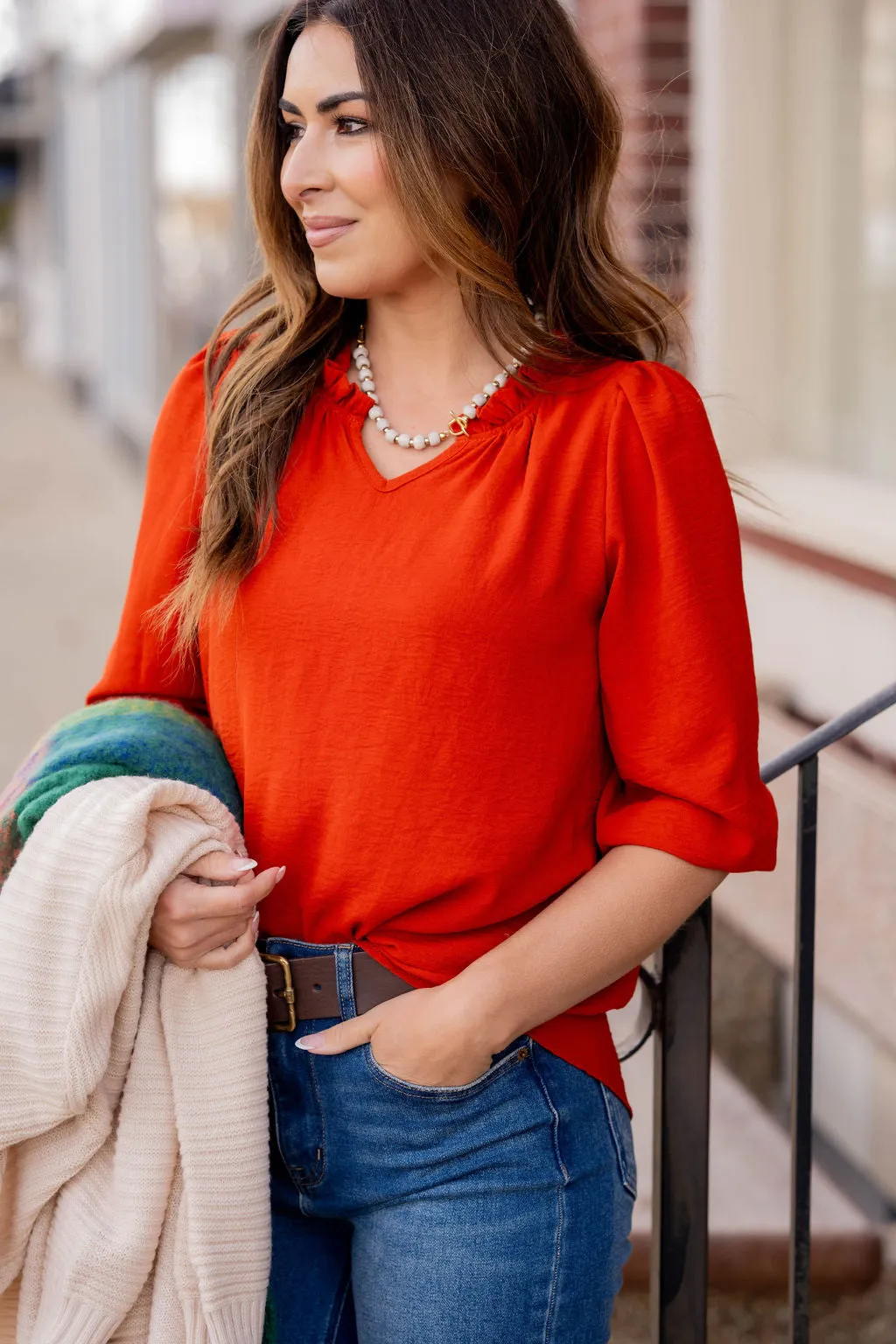 3/4 Sleeve Cinched V-Neck Blouse