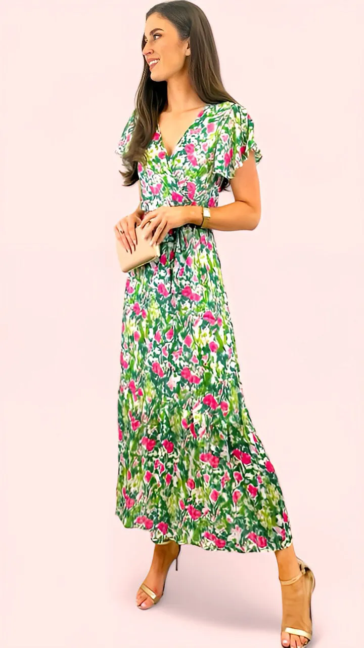 4-A1590 Green Floral Chiffon Midaxi