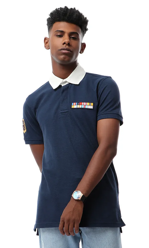 53120 Buttoned Turn Dow Collar Navy Blue Polo Shirt