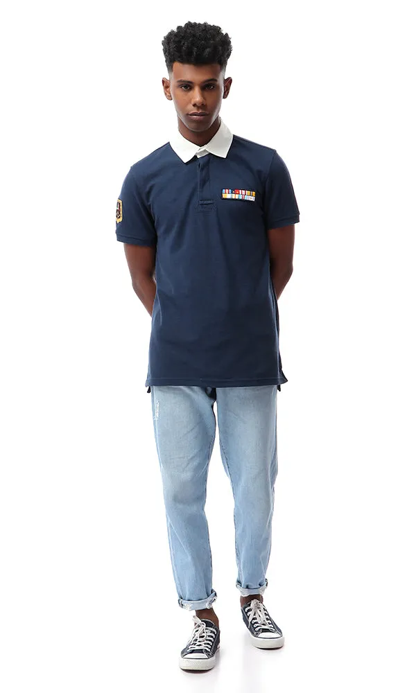 53120 Buttoned Turn Dow Collar Navy Blue Polo Shirt