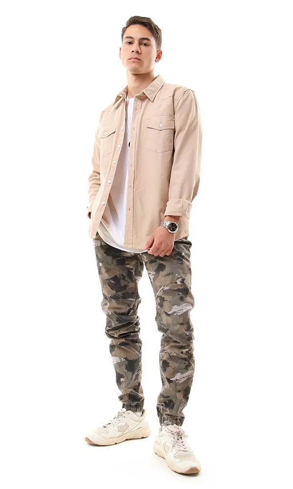 56013 Front Patch Pockets Beige Long Sleeve Shirt