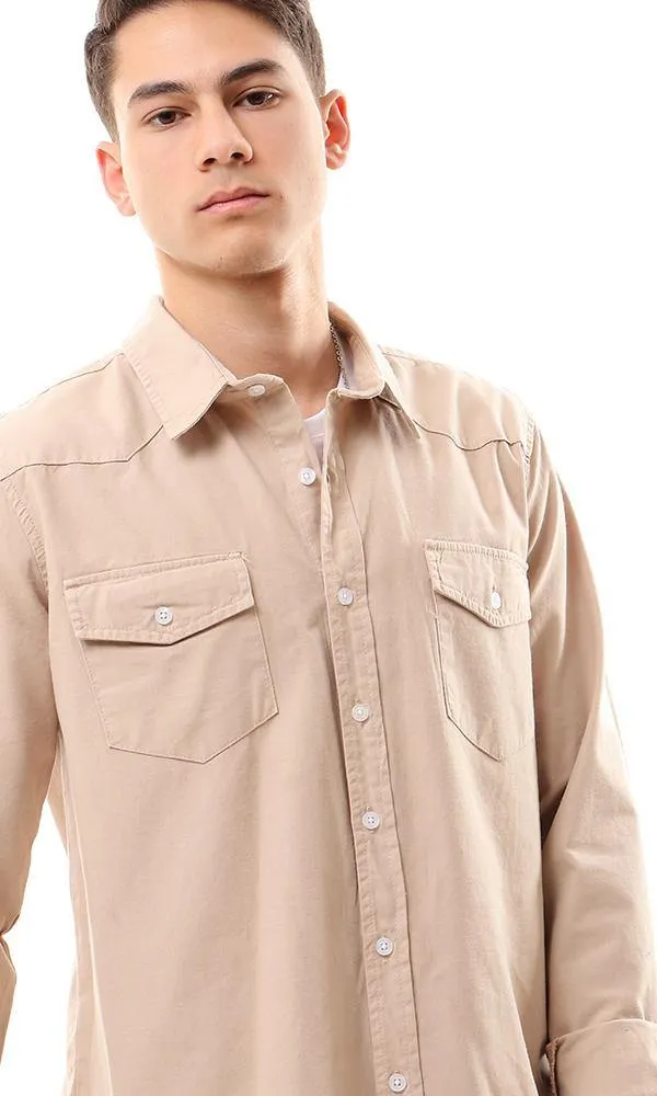 56013 Front Patch Pockets Beige Long Sleeve Shirt