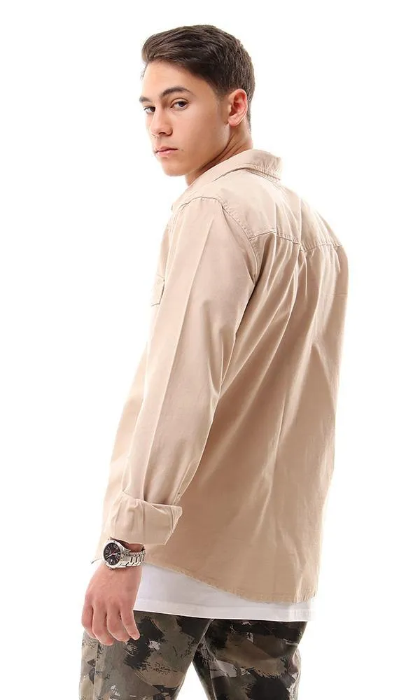 56013 Front Patch Pockets Beige Long Sleeve Shirt