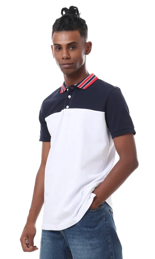 56682 Navy Blue & White Striped Turn Down Collar Polo Shirt