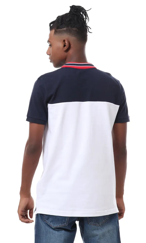 56682 Navy Blue & White Striped Turn Down Collar Polo Shirt