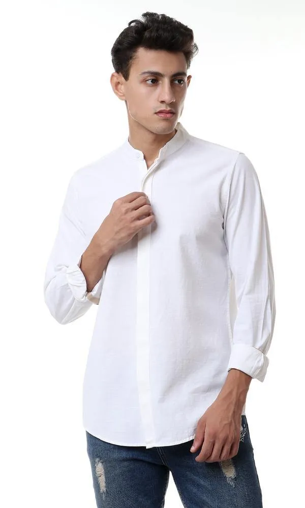 56755 Front Hidden Buttons White Long Sleeves Shirt