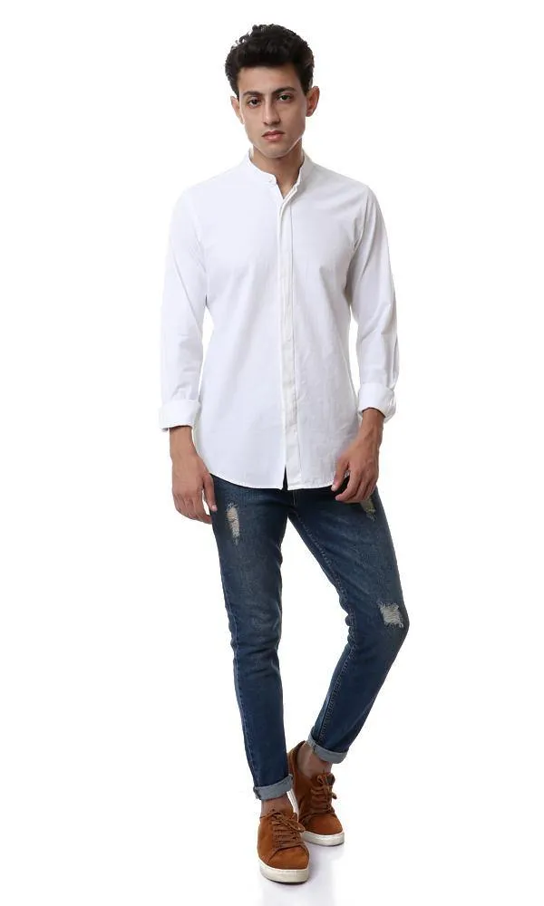 56755 Front Hidden Buttons White Long Sleeves Shirt