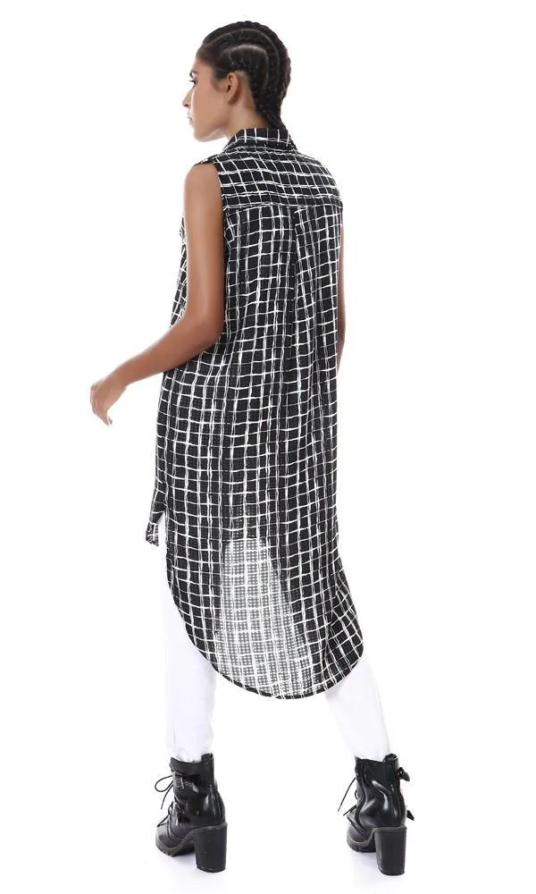 56955 Sleeveless Hi-Low Plaids Black Long Shirt