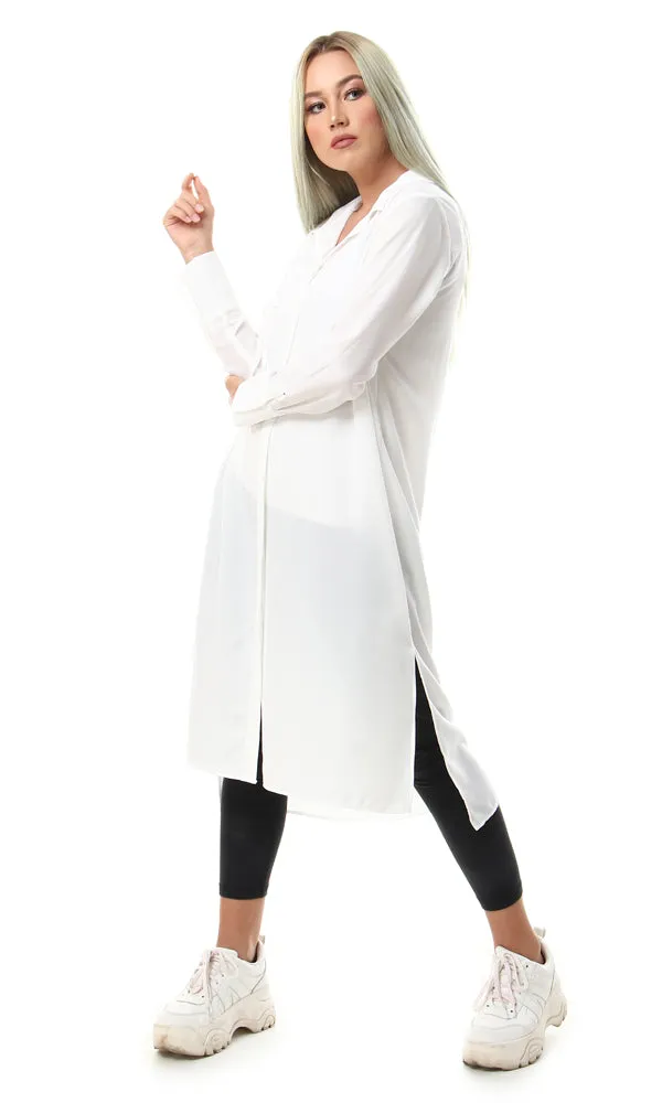 57039 Plain Long Casual Buttoned Shirt - Off White