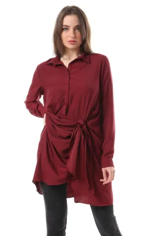 57110 Front Open Long Buttoned Shirt - Burgundy