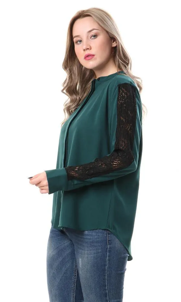 57165 Perforated Lace Sleeves Forest Green Shirt