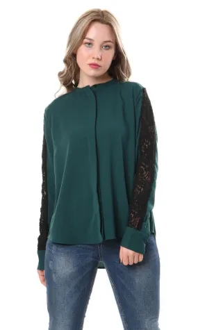 57165 Perforated Lace Sleeves Forest Green Shirt