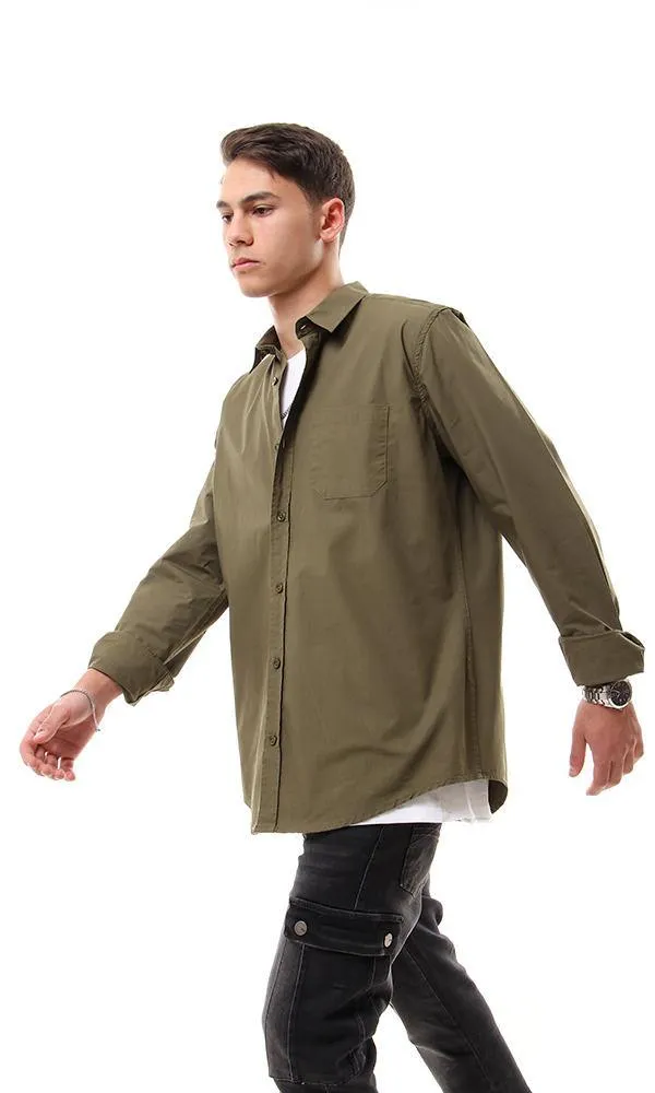 93046 Dark Olive Basic Long Sleeves Shirt With Pocket