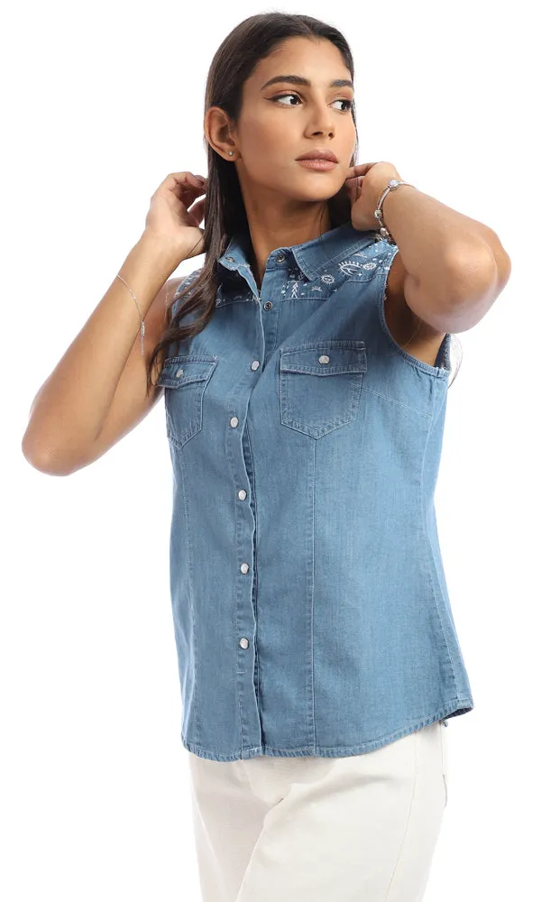 94847 Stitched Cotton Sleeveless Shirt - Meduim Blue