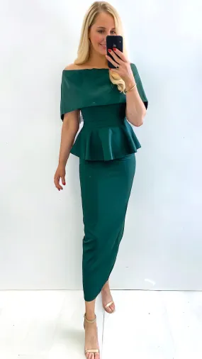 A1320 Green Peplum Bardot Dress