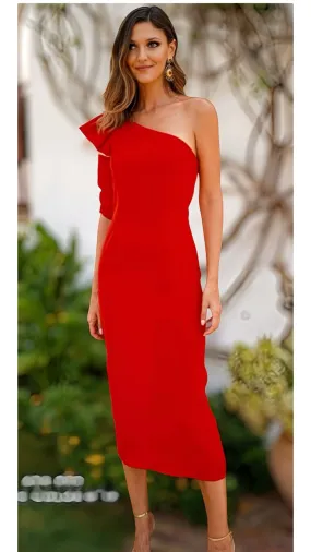 A1603 Portia Coral Red One Shoulder Dress