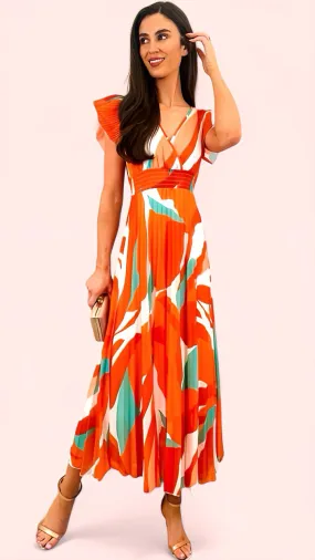 A1626 Orange Colourblock Pleat Dress