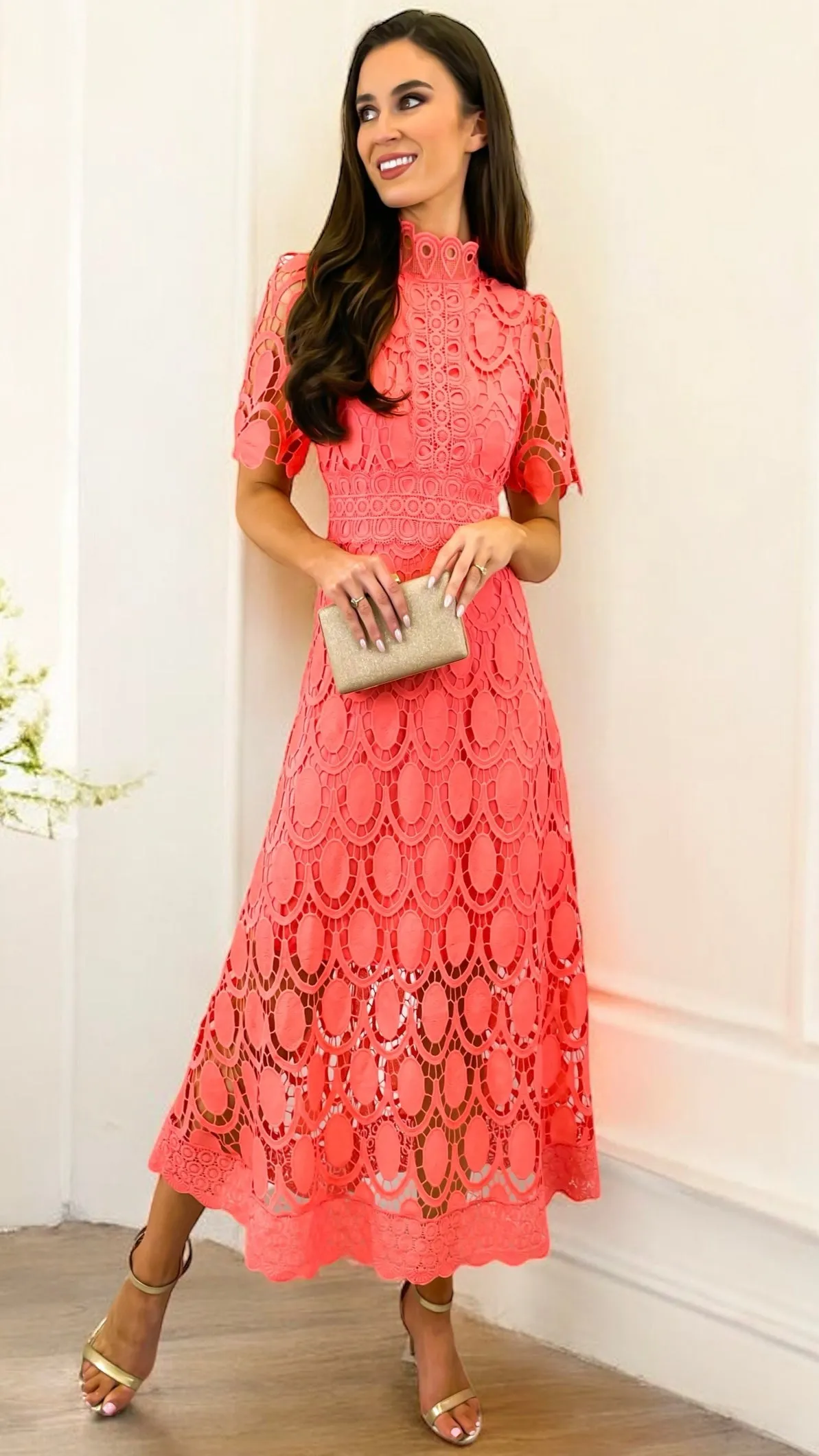 A1748 Coral high Neck Crochet Dress