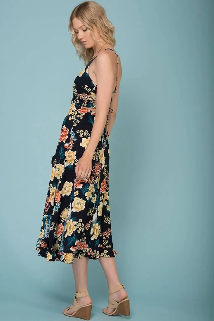 Adalynn Hi Low Deep V Floral Midi Dress Navy