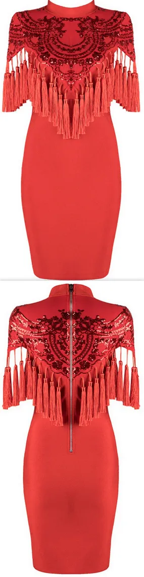 'Addisan' Sequin-Embellished Tassel Stretch Mini Dress - Red or Black