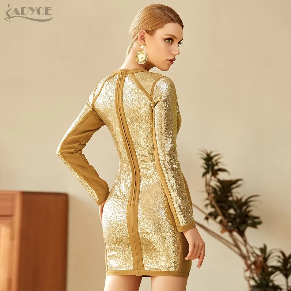 Adyce 2020 Neue Winter Frauen Gold Pailletten Langarm Club Kleid Sexy O Hals Mode Mini Promi Abend Landebahn Partei kleider