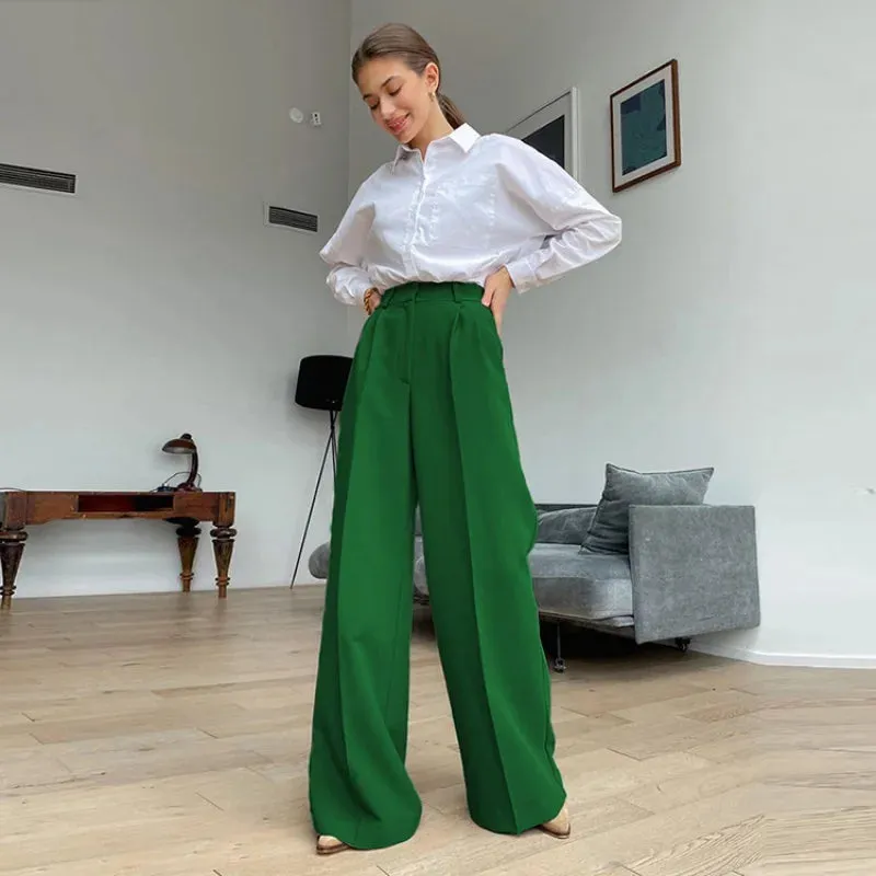 Aiertu Blue Office Women'S Pants Fashion Loose Full Length Ladies Trousers Casual High Waist Wide Pants For Women