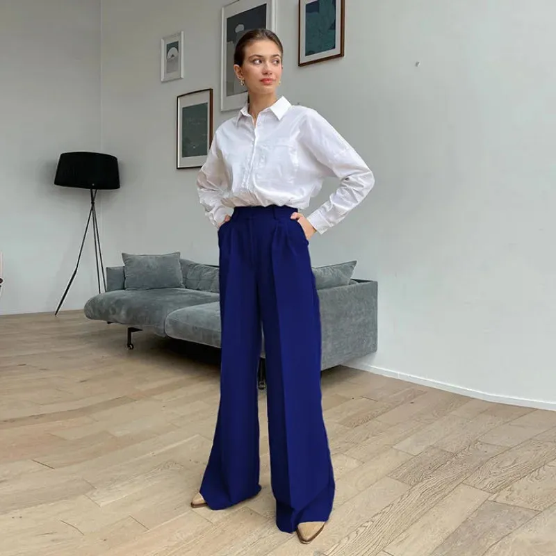 Aiertu Blue Office Women'S Pants Fashion Loose Full Length Ladies Trousers Casual High Waist Wide Pants For Women