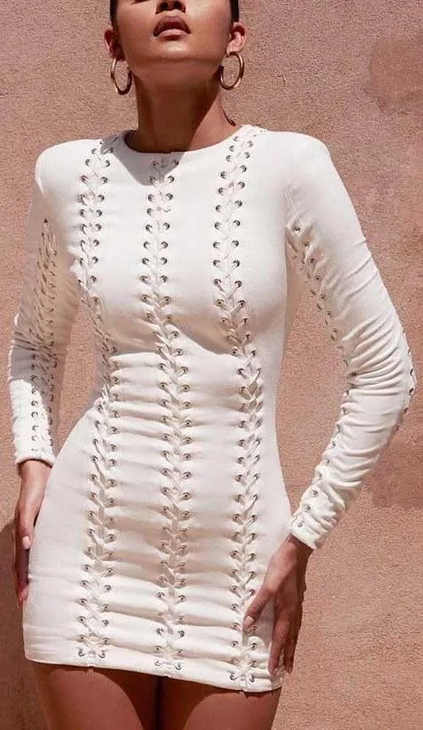 'Alejandra' Grommet Lace-up White Bandage Dress