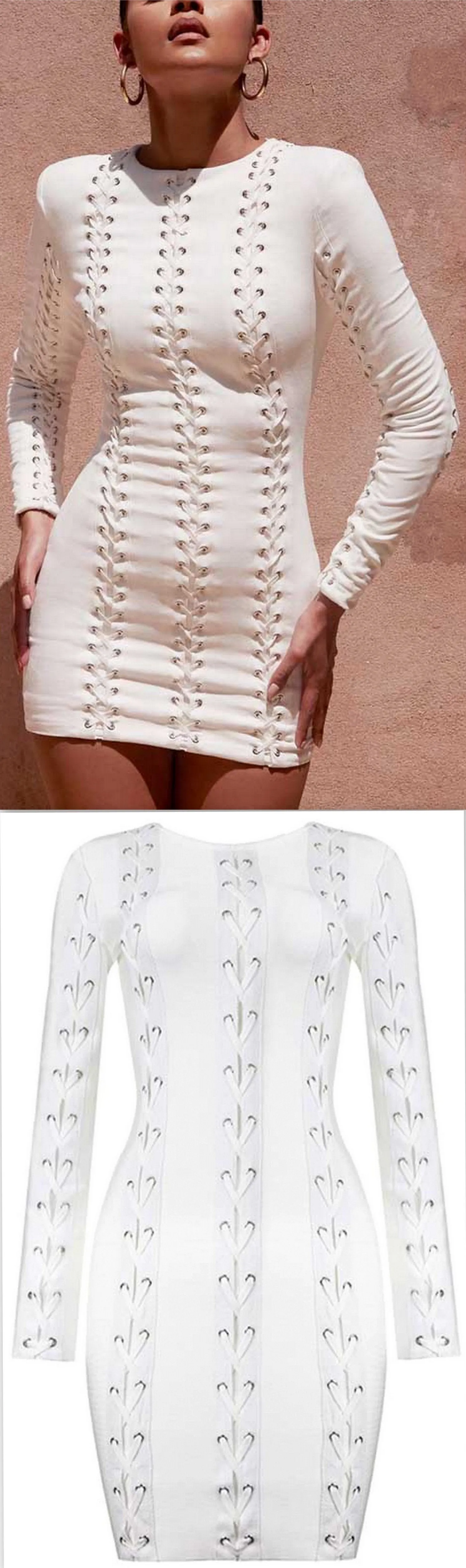 'Alejandra' Grommet Lace-up White Bandage Dress