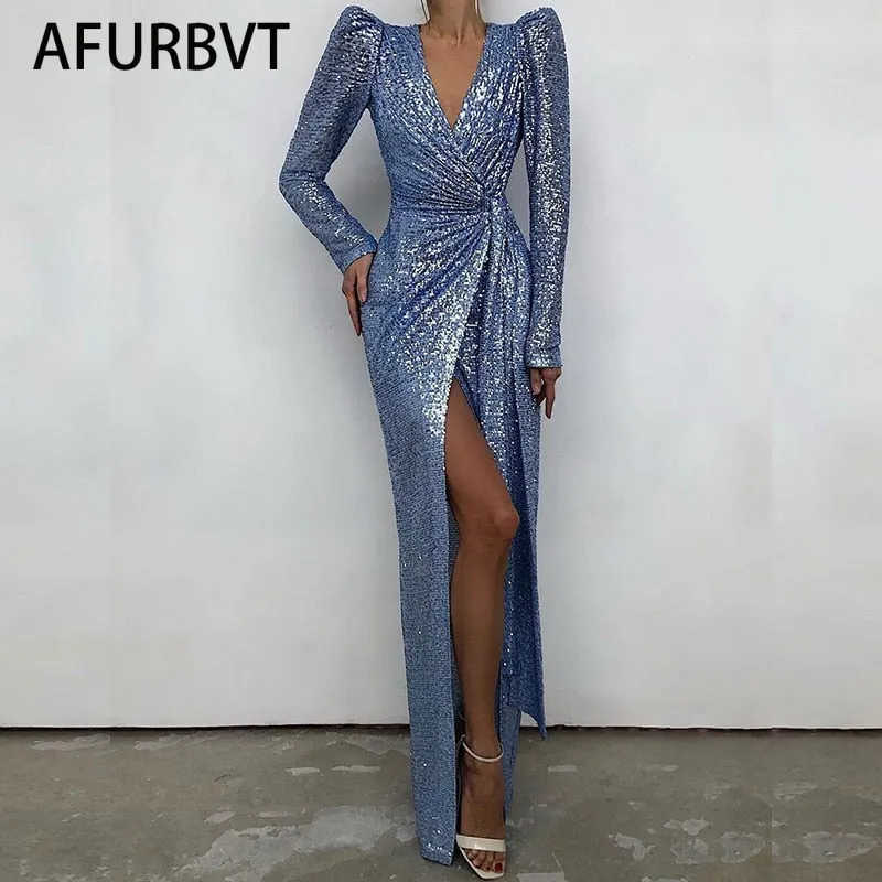 Amozae-Graduation Gift Big Sale Elegant Sequined Glitter Party Dress Women   V Neck Bodycon Slim Glitter Dress Vestidos Long Sleeve Ladies Club Party Dresses