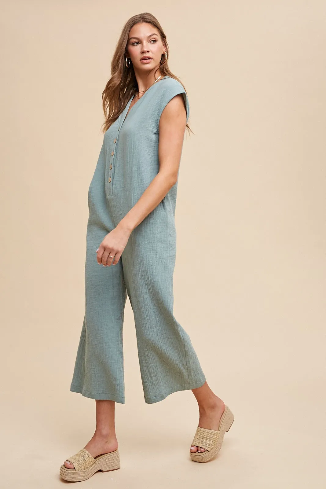 AnnieWear Cotton Gauze Half Button Down Jumpsuit in Sage