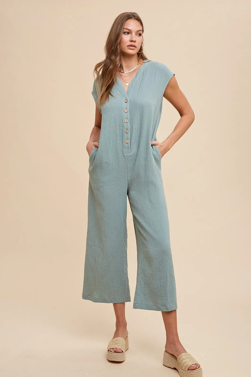 AnnieWear Cotton Gauze Half Button Down Jumpsuit in Sage