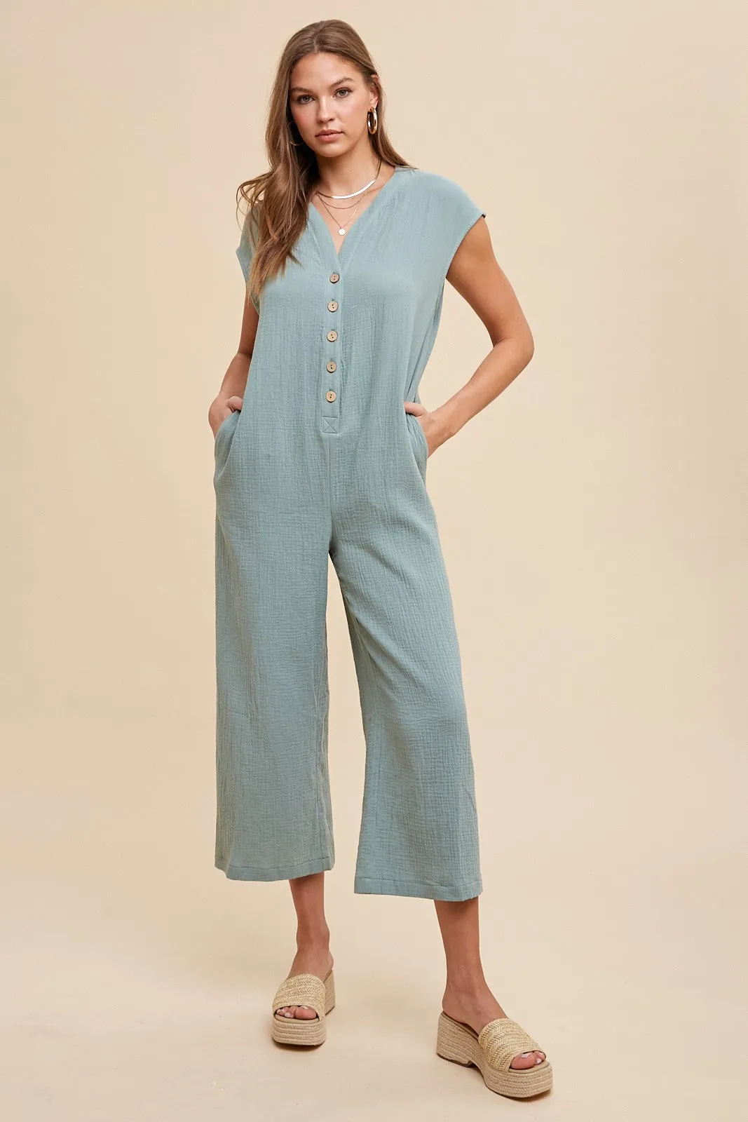 AnnieWear Cotton Gauze Half Button Down Jumpsuit in Sage