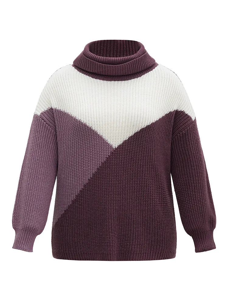 Asymmetrical Colorblock Turtle Neck Drop Shoulder Pullover