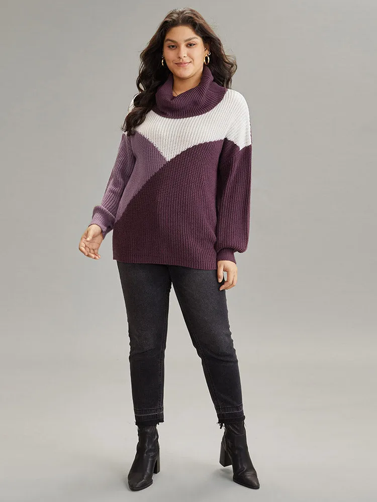 Asymmetrical Colorblock Turtle Neck Drop Shoulder Pullover