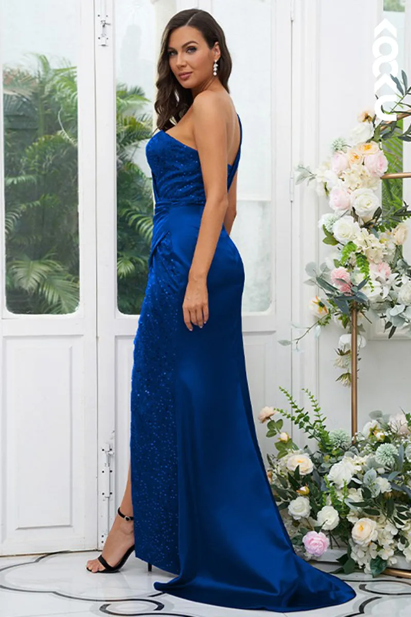 B4029 - One Shoulder Sequined Ruched Satin Sheath Long Bridesmaid Dress