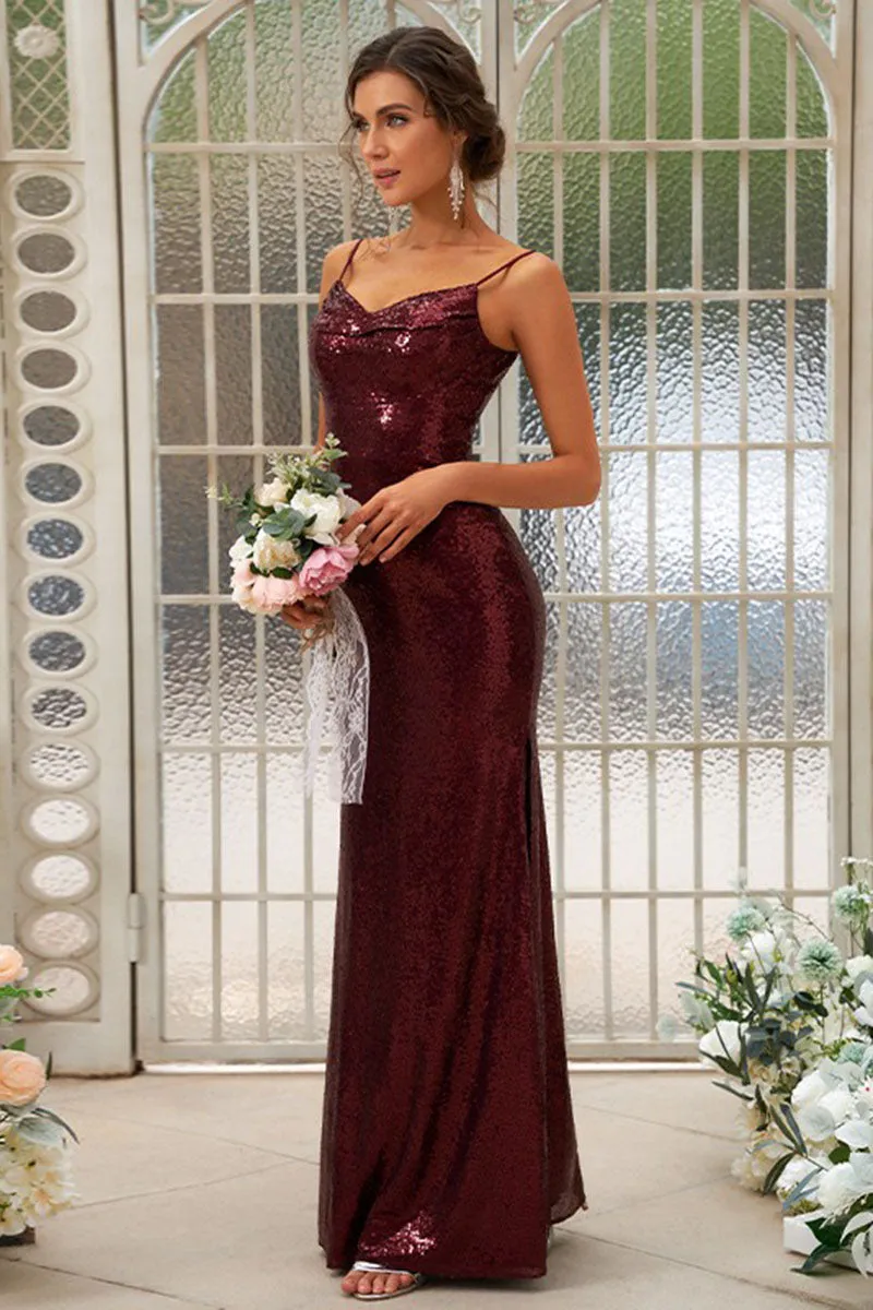 B4056 - V-Neck Spaghetti Straps Sequined Sheath Bridesmaid Dress With Slit