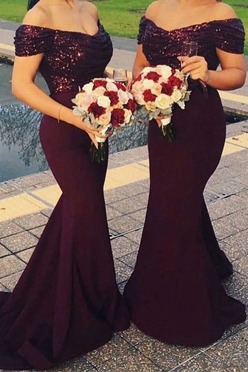 B4202 - Off-Shoulder Sleeveless Sequined Satin Mermaid Long Bridesmaid Dress