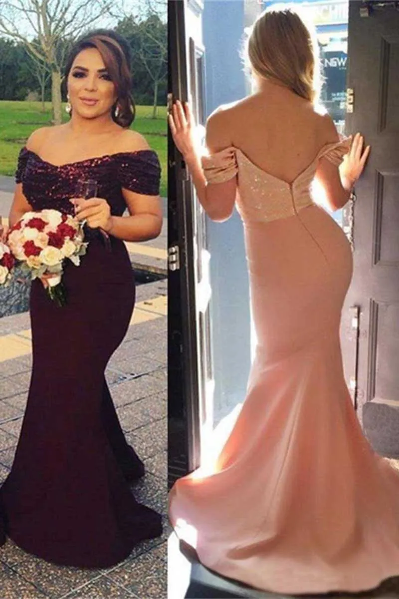 B4202 - Off-Shoulder Sleeveless Sequined Satin Mermaid Long Bridesmaid Dress