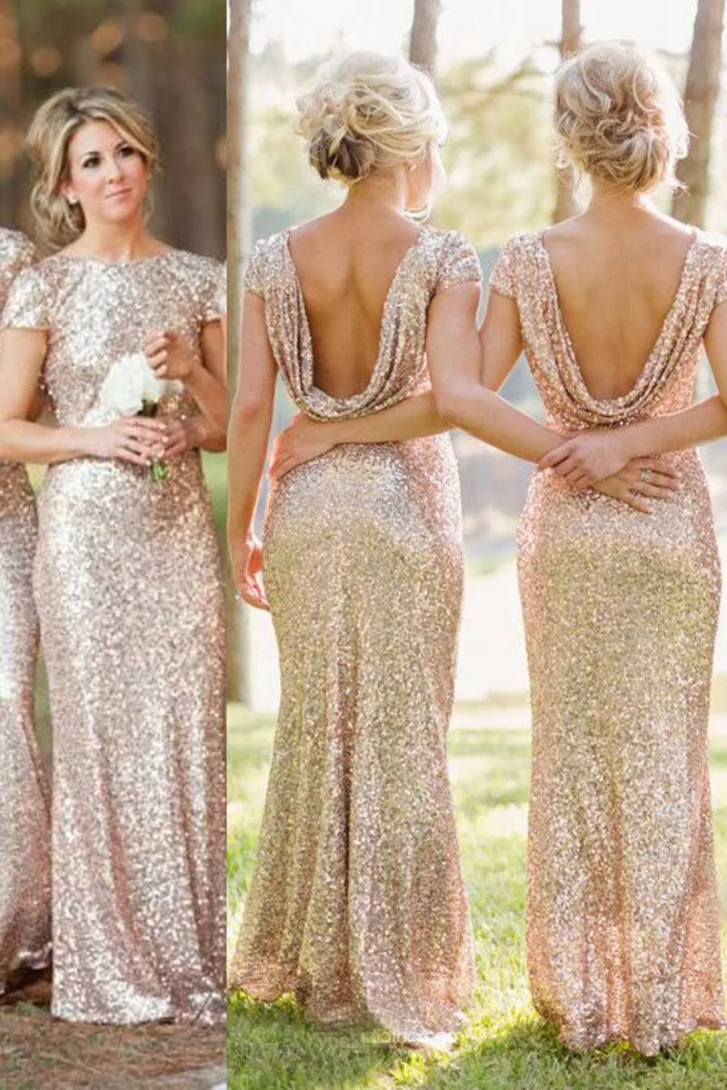 B4216 - Scoop Short Sleeves Sequined Sheath Long Bridesmaid Dress