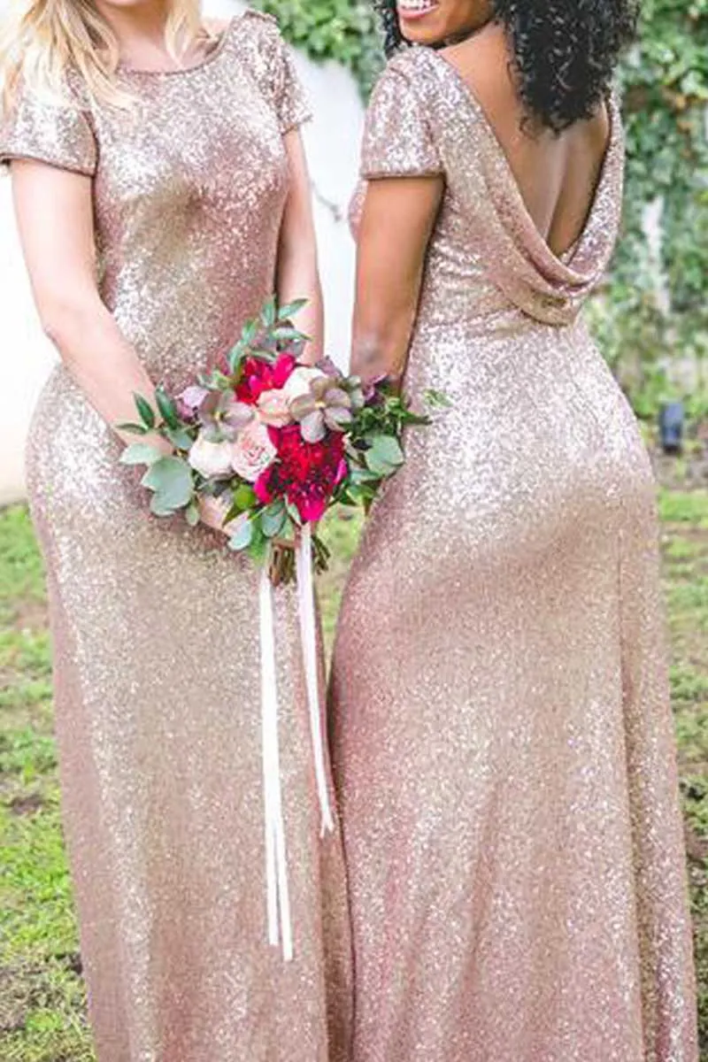 B4216 - Scoop Short Sleeves Sequined Sheath Long Bridesmaid Dress