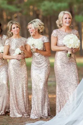 B4216 - Scoop Short Sleeves Sequined Sheath Long Bridesmaid Dress