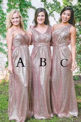 B4269 - Mismatched Sleeveless Ruched Sequined A-Line Long Bridesmaid Dress