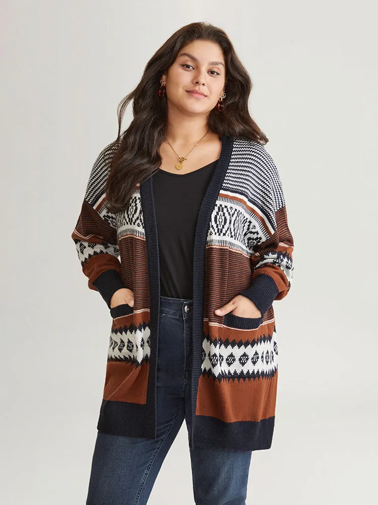 Bandana Print Open Front Patched Pocket Cardigan