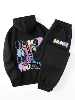 Bear And Letter Graphic Kangaroo Pocket Drawstring Thermal Lined Hoodie & Sweatpants FW23