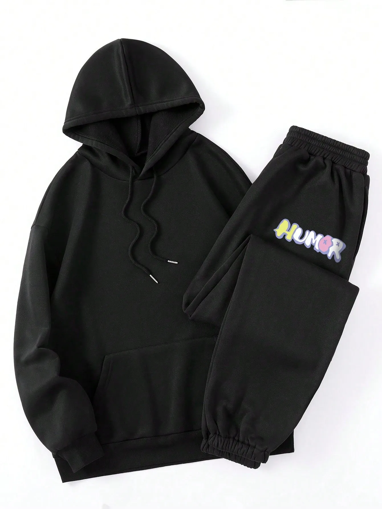 Bear And Letter Graphic Kangaroo Pocket Drawstring Thermal Lined Hoodie & Sweatpants FW23