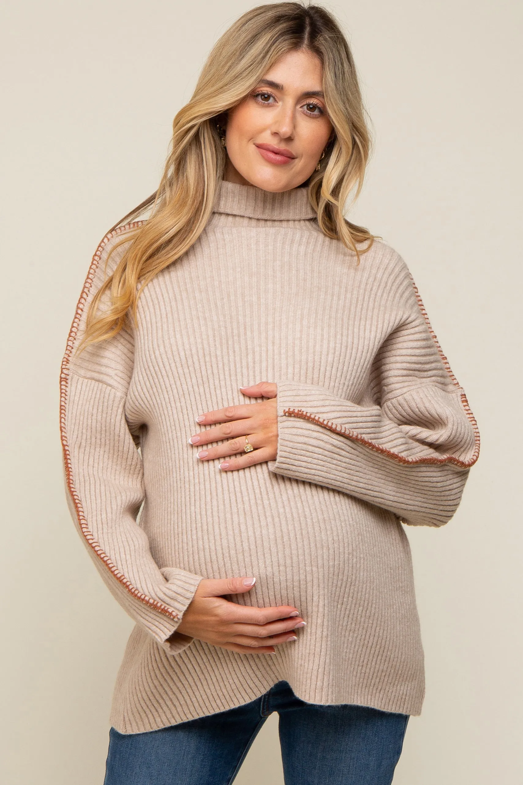 Beige Contrast Stitch Turtleneck Maternity Sweater