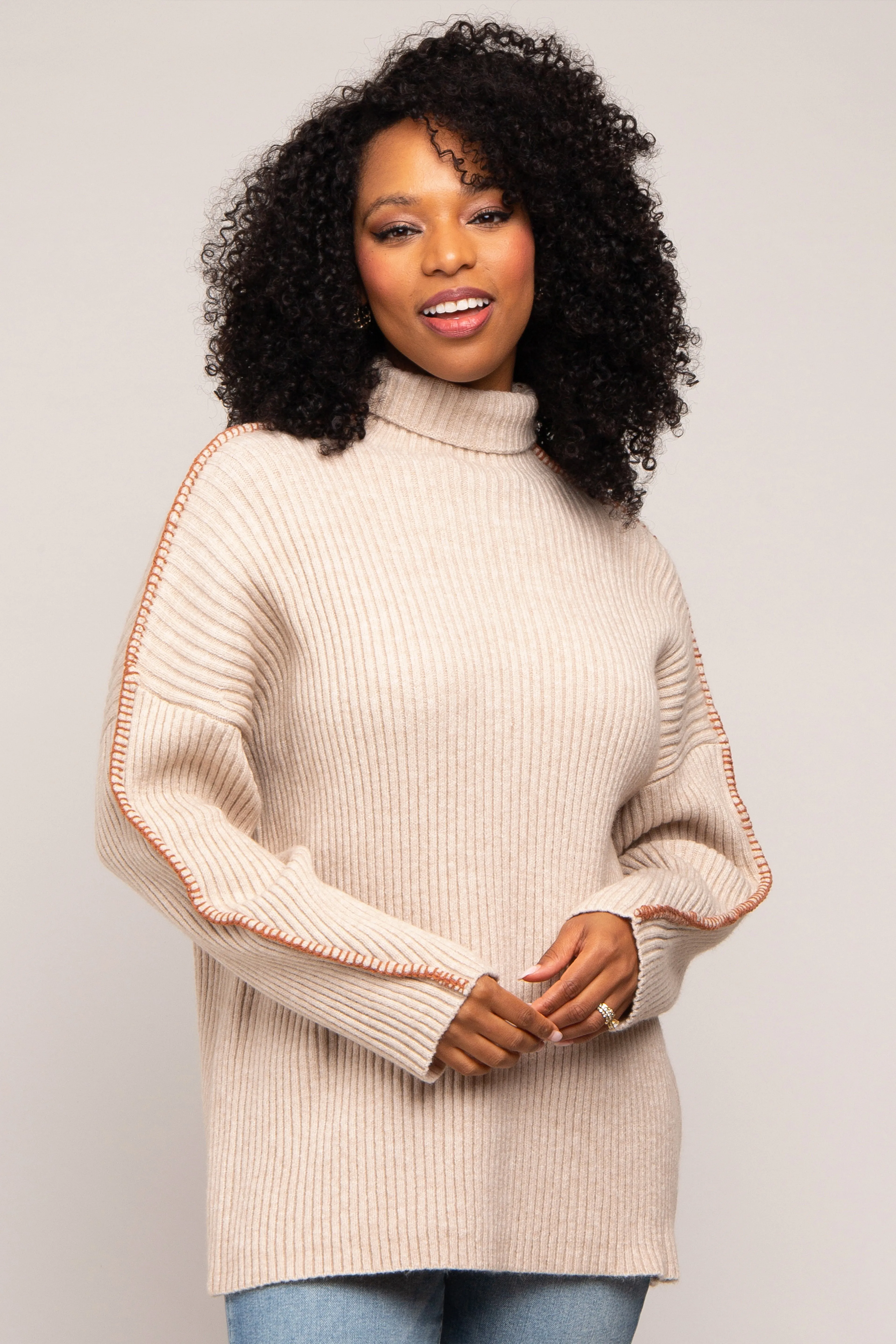 Beige Contrast Stitch Turtleneck Maternity Sweater