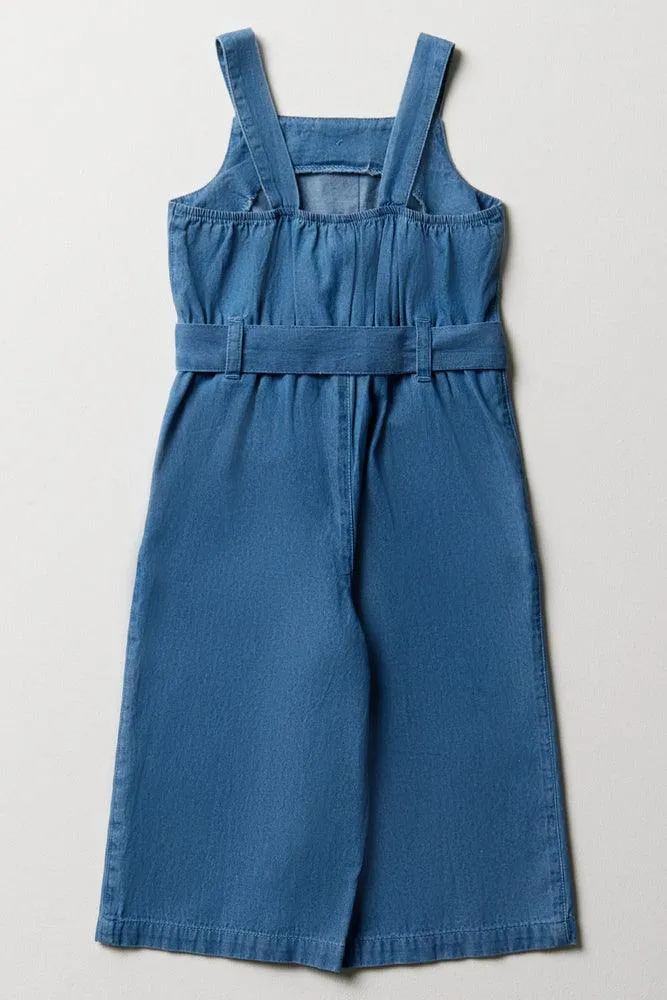 Belted Strappy Denim Jumpsuit Blue